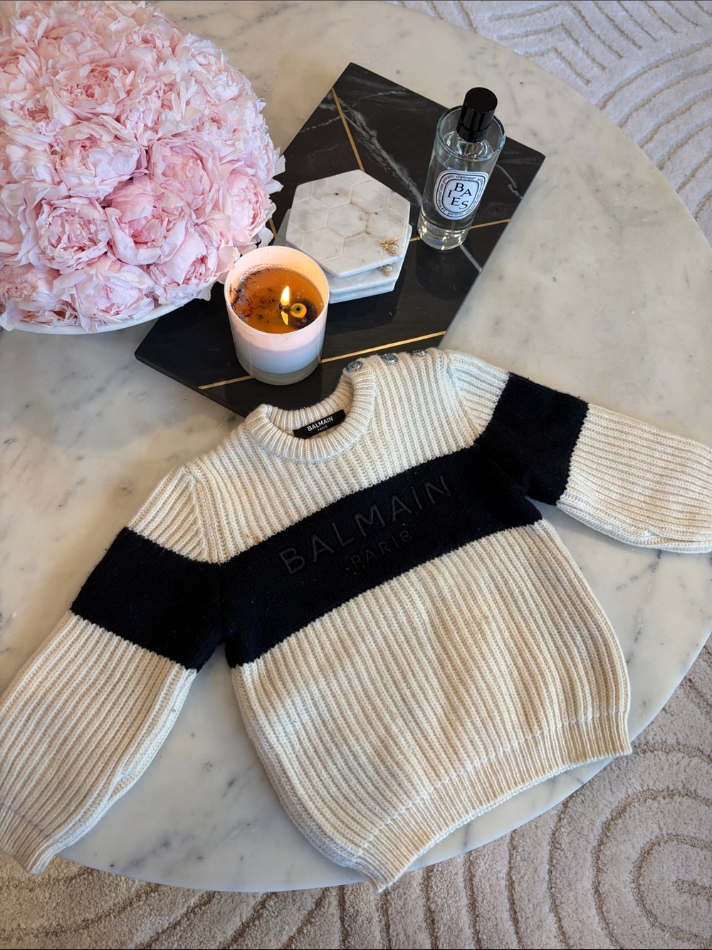 Authentic Balmain Cream and Black Ribbed Logo Sweater for 18 months